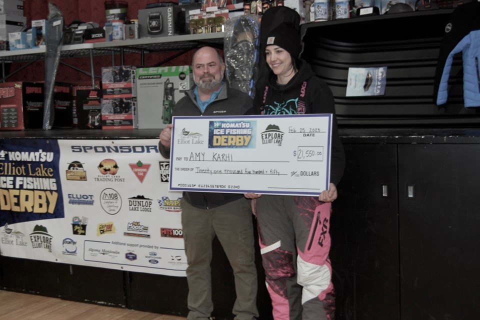 Amy Karhi of Desbarats (right) took home the grand prize at this year's Ice Fishing Derby, held on Feb. 25, 2023.