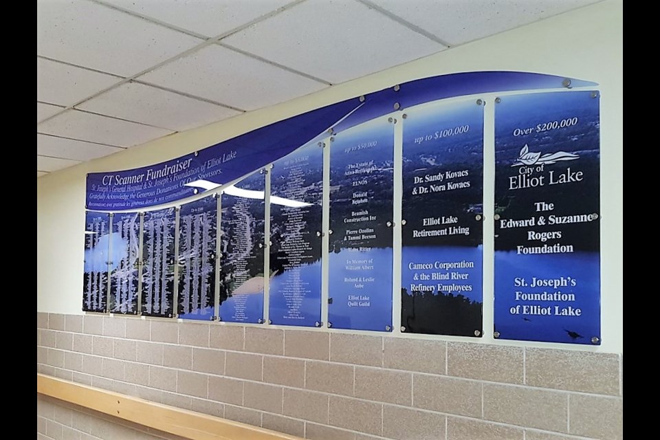 The donor wall at Elliot Lake St. Joseph’s General Hospital with the names of donors for the hospital’s new CT scanner. 