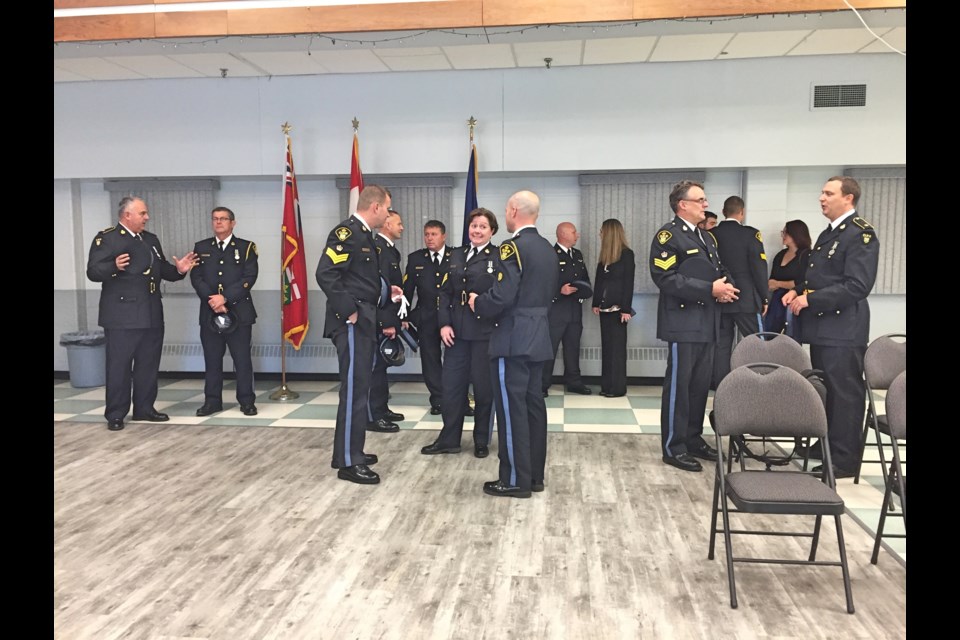 Ontario Provincial Police officers, auxiliary officers and civilian recipients and their families get together before the awards ceremony Oct. 18 in Blind River for the Ontario Provincial Police Awards Ceremony.
Melanie Farenzena/ElliotLakeToday
