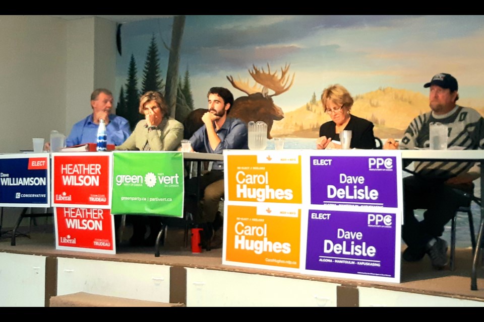 At Thursday's all-candidates' meeting were Dave Williamson (Conservative), Heather Wilson (Liberal), Max Chapman (Green), Carol Hughes (NDP incumbent) and Dave DeLisle (PPC). Brent Sleightholm for ElliotLakeToday 