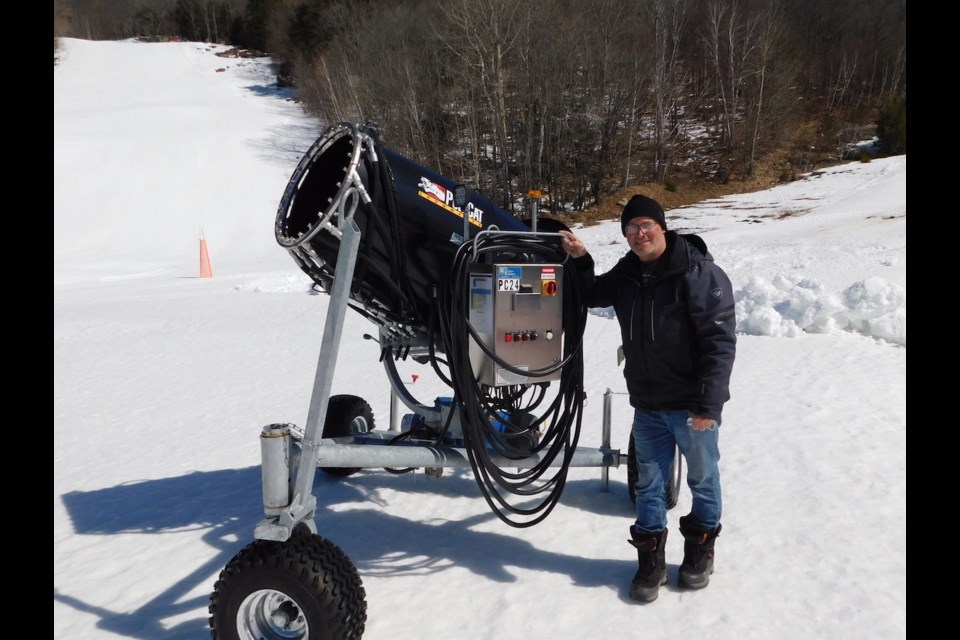 Dave Brunet of Elliot Lake’s Mt. Dufour Ski Area shows one of the new snow making guns that has assisted to facility to prepare for its reopening on Feb. 20 after the lengthy provincial pandemic lockdown