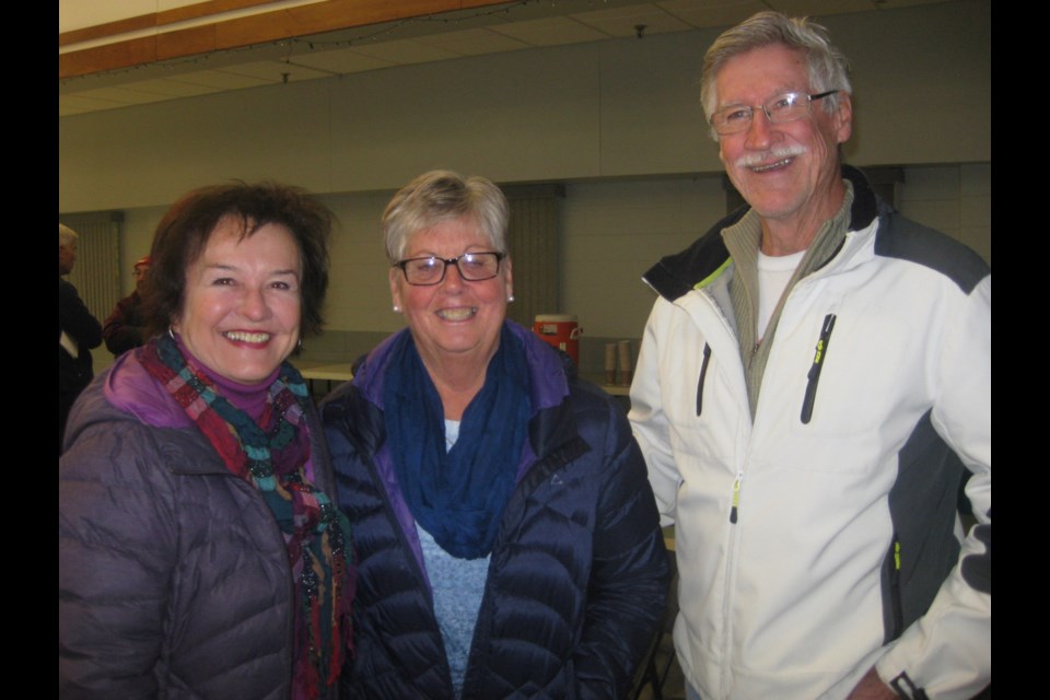 Blind River residents Sue Ashtown, centre, and couple Lorraine and Eric Liss, were happy with the information they received at a community information meeting Tuesday morning. Kris Svela for ElliotLakeToday