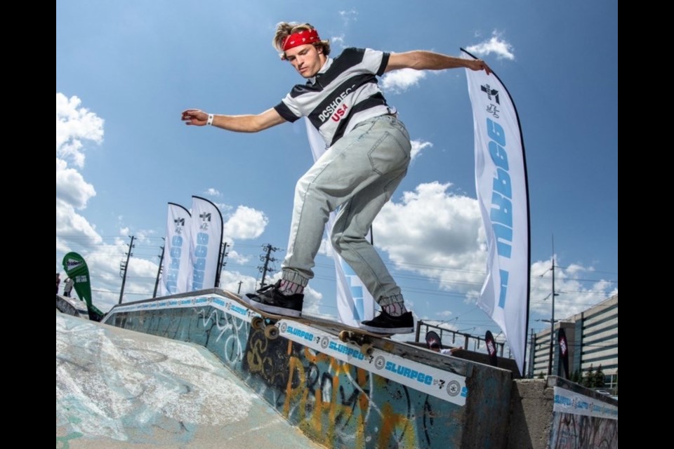 Cody French, from Elora, doing a skateboarding trick during a competition. 