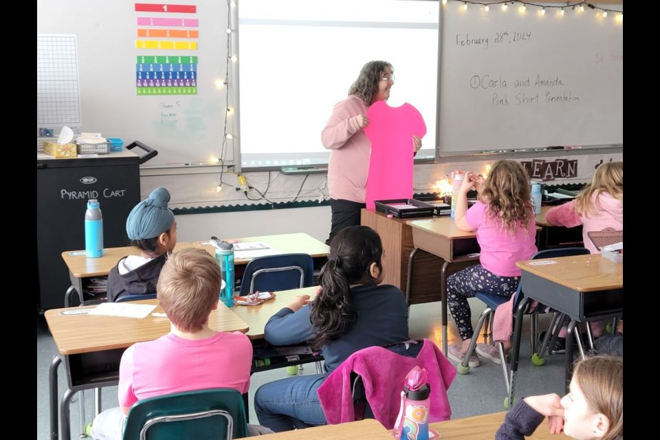 All 13 classes at École Jasper Elementary School had a presentation focusing on the meaning of Pink Shirt Day last week. | École Jasper Elementary School