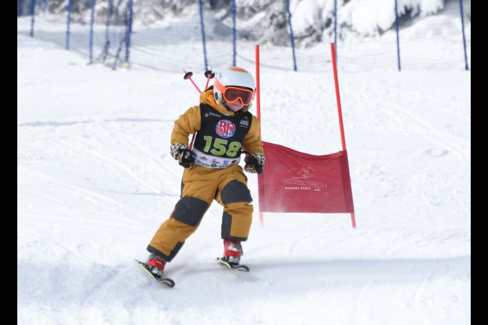 Beatrice Knight skis down a slope at Marmot Basin during the Jasper Junior Olympics on Saturday, March 2, 2024. More coverage on page 5. | Peter Shokeir / Jasper Fitzhugh