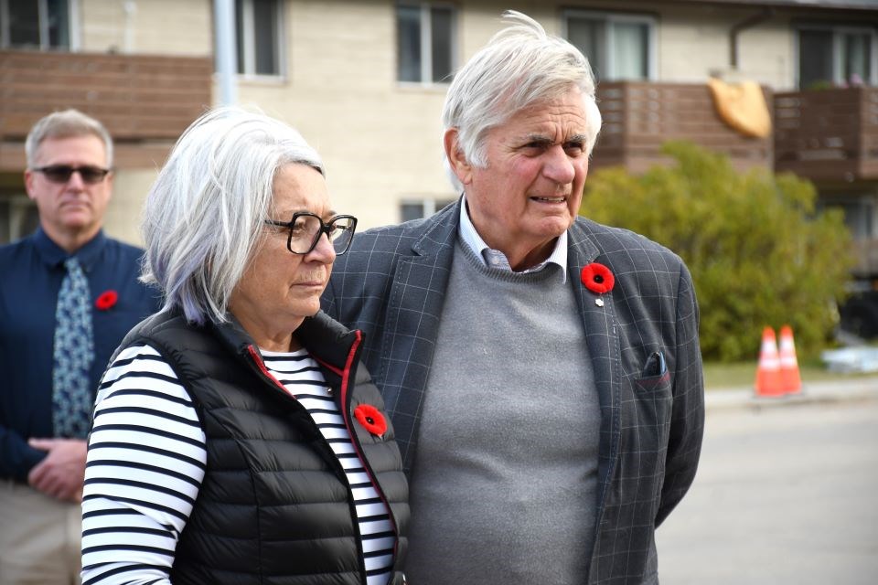 Governor General Mary Simon and Viceregal Consort Whit Fraser visit Jasper's Cenotaph in Jasper, Alta. on Saturday, Oct. 26, 2024.