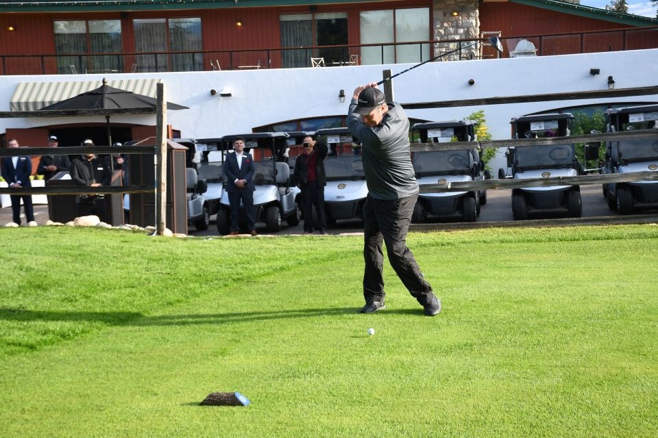 Greg Van Tighem was the first to tee off during the reopening of the Jasper Park Lodge Golf Course on Tuesday, July 1, 2025.