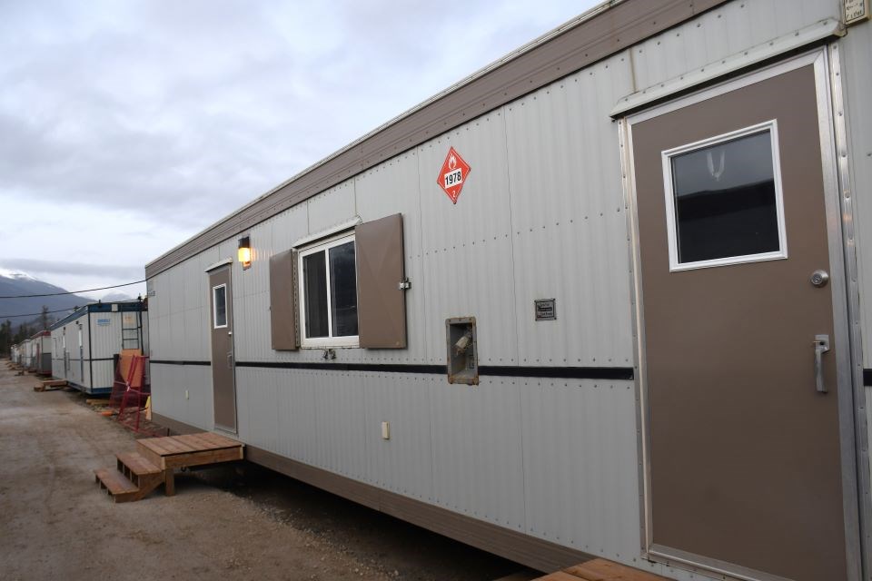 A duplex trailer at an interim housing site along Connaught Drive in Jasper, Alta. on Wednesday, March 5, 2025.