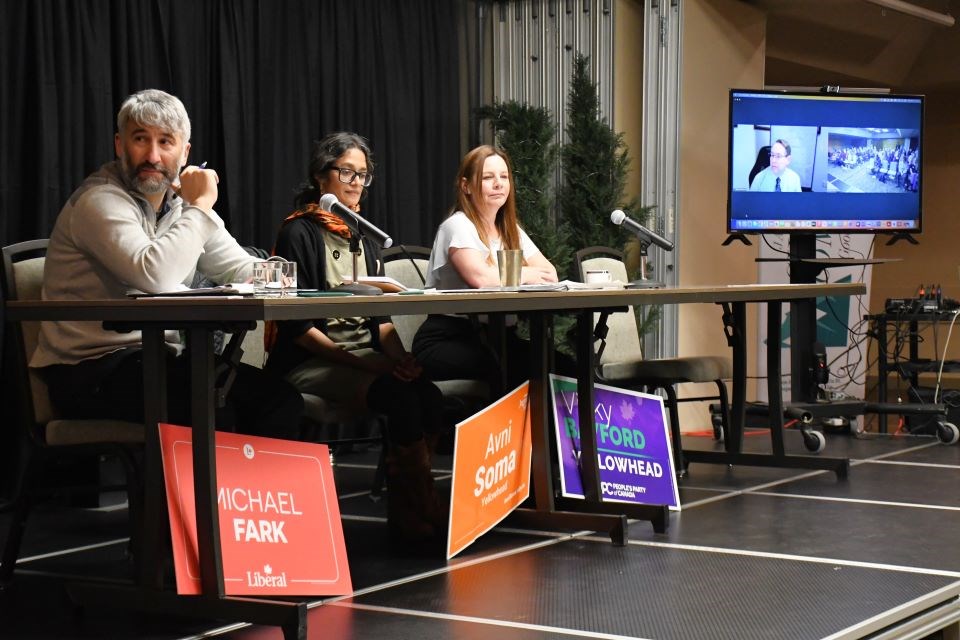 From the left: Liberal candidate Michael Fark, NDP candidate Avni Soma and People's Party candidate Vicky Bayford attended the Jasper All-Candidates Forum at the Forest Park Hotel in Jasper, Alta. on Tuesday, April 8, 2025. Conservative candidate William Stevenson attended via Zoom.