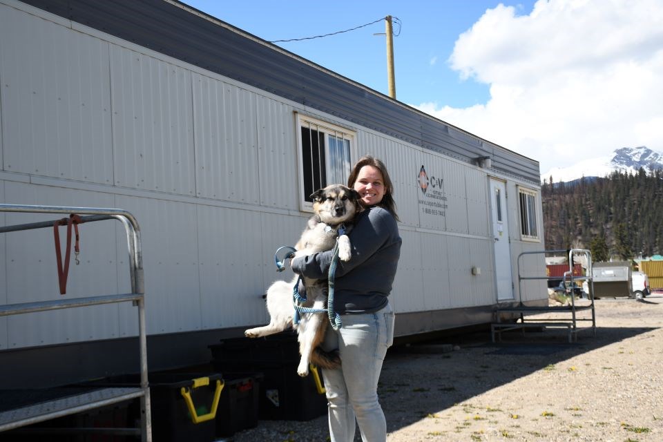 Veterinarian Sara Regehr stands with her three-legged friend in front of the Jasper Veterinary Clinic's temporary trailer at the Stan Wright Industrial Park in Jasper, Alta. on Thursday, May 15, 2025.
