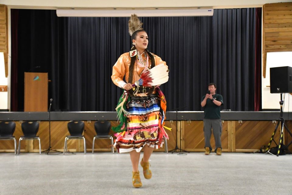 Tasidy Short dances in celebration of National Indigenous Peoples Day in the Multipurpose Hall at the Jasper Activity Centre on Friday, June 20, 2025. The celebration was held the day before the official holiday so schoolchildren could attend.