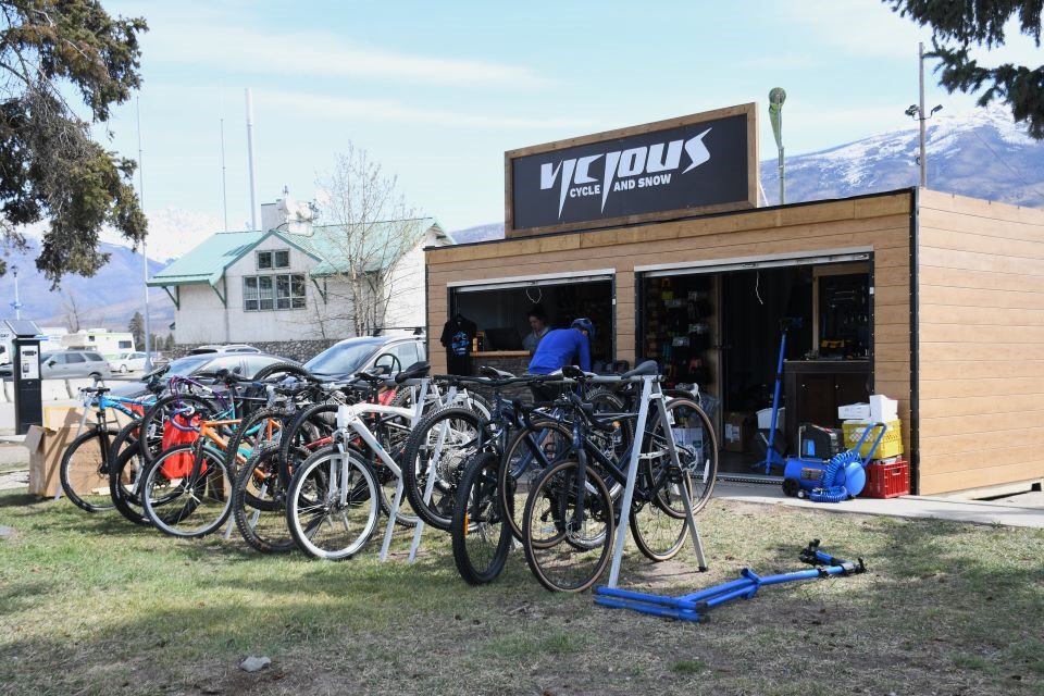Vicious Cycle is the first business to open at the pop-up village in Jasper, Alta. The initiative is meant to provide a temporary space for businesses displaced by the Jasper wildfire. 