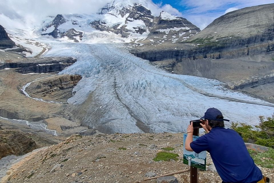 Visitors can use the cell phone stand Robson Glacier at Snowbird Pass in Mount Robson Provincial Park to take photos for the Icy Initiative.
