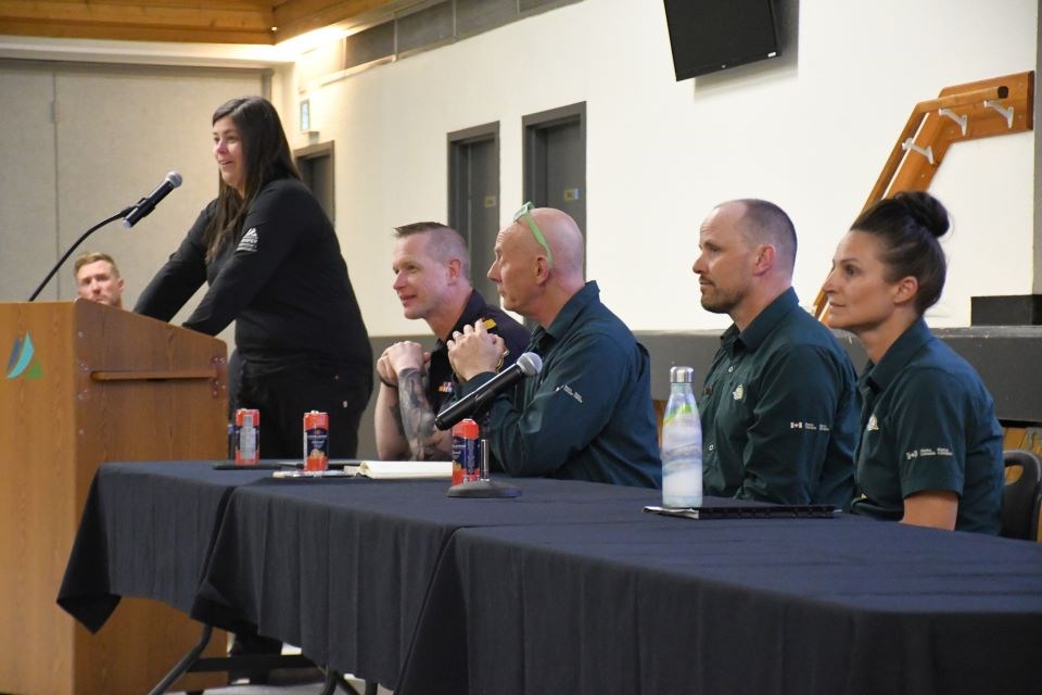 Jasper officials presented on the Jasper wildfire and how residents can prepare for wildfire season during the Wildfire Preparedness Information Session at the Jasper Activity Centre in Jasper, Alta. on Wednesday, April 23, 2025.