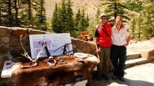 Volunteer Luiz Drummond from the Caribou Ambassador Program with Parks Canada staff Shelley Bird at the Cavell Trailhead. | Parks Canada photo