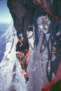 Chic Scott fixing ropes on the Eiger North Face in Switzerland in the summer of 1974. 