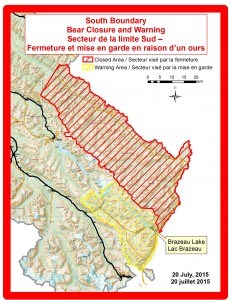 Map of the South Boundary area. Areas in yellow have reopened. Areas in red remain closed. Provided by Parks Canada.