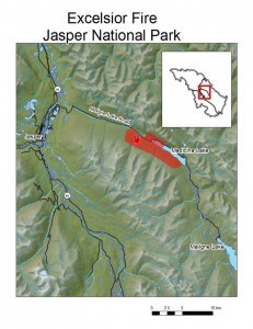 A map of the Maligne Valley and Medicine lake. The red area is where the fire is located. The fire is about 14 to 15 km from Maligne Lake. Photo - Parks Canada. 