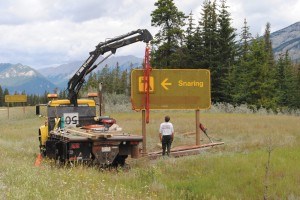 Parks Canada employees temporary fixed several signs along Highway 16 and the Icefield Parksway last week. Photo - P. Clarke.