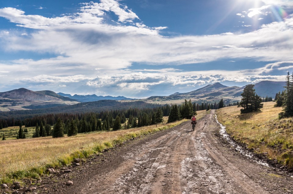 Jeff Bartlett descends from the top of Indiana Pass, which marked the highest point of the Great Divide Mountain Bike Route at 3630m, in southern Colorado