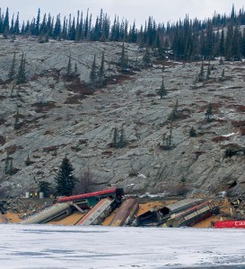 Twelve CN trains cars carrying grain derailed in Jasper National, Dec. 10. Six of the trains spilled their contents into the the Athabasca River. Photo - Cynthia Bigrigg/Hinton Voice. 