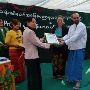 This is the official handover of the school deed to the Ministry of Education. When U R Building Knowledge funds a school, the ministry supplies a teacher. Far right Josh Dennis and Sandra Hodge (wearing traditional longyi.) Photo submitted.