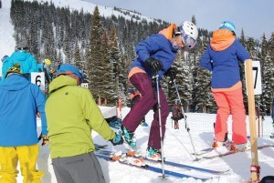 To conduct the test, each ski is covered in blue tape so skiers dont know what brand or model of ski they are testing. Each tester then takes the skis out for a single run to test each skis strengths and weaknesses from its edge grip to its versatility. Each characteristic is evaluated using a 10-point scale and is given an overall score. P. Clarke photo.