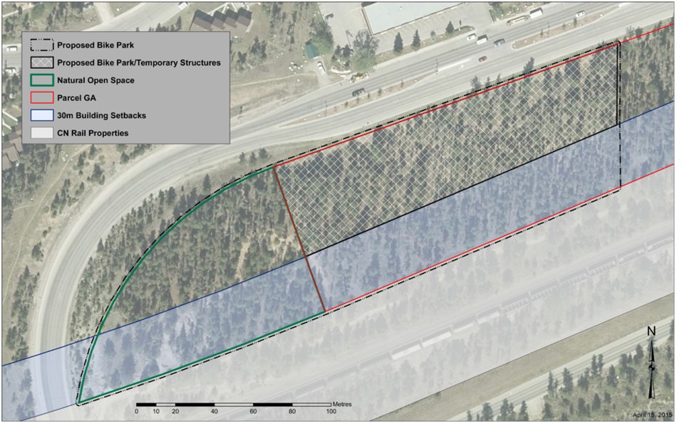 The bike park will be located along Connaught Drive across from Mount Robson Inn on the west side of town. The proposed water line will be built underneath Connaught Drive. Image provided by the municipality. 