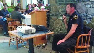 Jasper fire chief Greg Van Tighem gave a presentation on emergency preparedness at the Maligne Canyon Fort McMurray fundraiser, May 19. K. Byrne photo