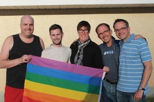 Members of the Jasper Pride Festival Society Mychol Ormandy (left), Cody Murdock, Susan McCarthy, Uwe Walter and Jörg Michel pose for a picture after the board’s AGM, May 24. K.Byrne photo. 