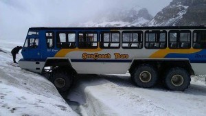 Brewster temporarily suspended tours on the Athabasca Glacier after three of its ice explorers slid off an ice road, June 15. Photo provided anonymously. 