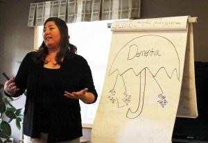 Shayna Bowling of the Alzheimer Society of Alberta and the Northwest Territories held an information session about the disease at the Alpine Summit Seniors Lodge, June 9. Photo - K. Byrne. 