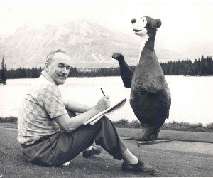 James Simpkins was inducted into the Cartoonist Hall of Fame in May, 2016. Jasper the Bear was officially adopted by Jasper National Park as its mascot in 1962. CN Rail photo. 