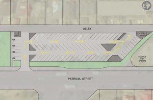 The municipal parking lot located on Patricia Street between the old fire hall and Source for Sports could be expanded to accommodate up to 14 more vehicles. This image is a concept drawing and is not to scale. 