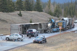  Several vehicles and two tractor trailers were involved in a collision that sent several people to hospital and shut down Highway 16 for a significant portion of the day on April 23. P. Clarke photo. 