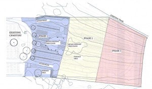 Jasper will need to expand its cemetery within the next 10 years. To do so, WSP Engineering recommended expanding the cemetery north in three phases that will provide enough capacity for the next 200 years. Phase one on this map shows expanding the north end of the existing cemetery.  Image provided.