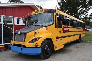 Known as the e-Lion, the first all-electric school bus in Western Canada was on display at the Fairmont Jasper Park Lodge last week. I P. Clarke photo.
