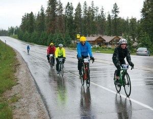 A little rain? Just another way to hydrate for Jamie Mills, rider 205 in the 2017 Jasper Gran Fondo, held June 10. C. Gilbert photo