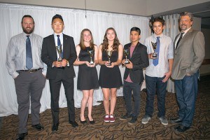 Coaches Nathan Clark and Alex Rayner flank some of the Jasper Cougars award winners on June 14, including senior boys MVP Mathew Park, most improved junior girl Avery Thomas, junior girls MVP Faith Claxton, junior boys MVP Lance Faurillo and most improved senior boy Saje Rayner. I C. Gilbert photo.