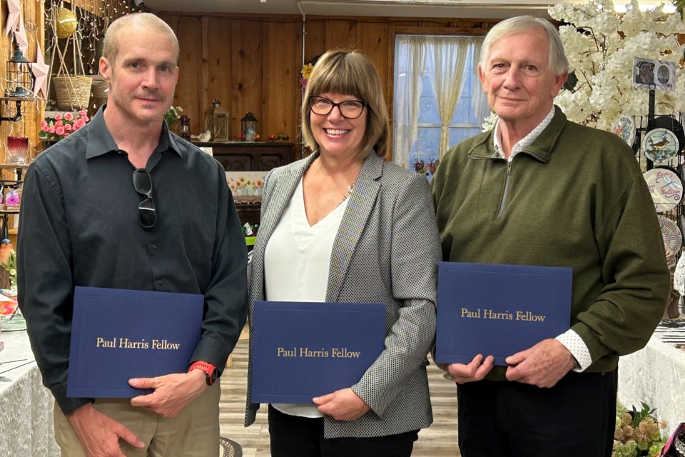 Paul Harris recipients (left to right) Jeff Cripps, Connie Bird and Glenn Sherwood were honoured at Dutch Mill on Thursday.