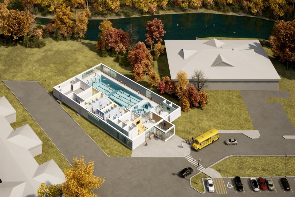 New renderings featuring the plans for the new Flin Flon Aqua Centre show the new wading pool area (left) and an exterior aerial shot of the site (right), prepared by construction and engineering firms attached to the project.