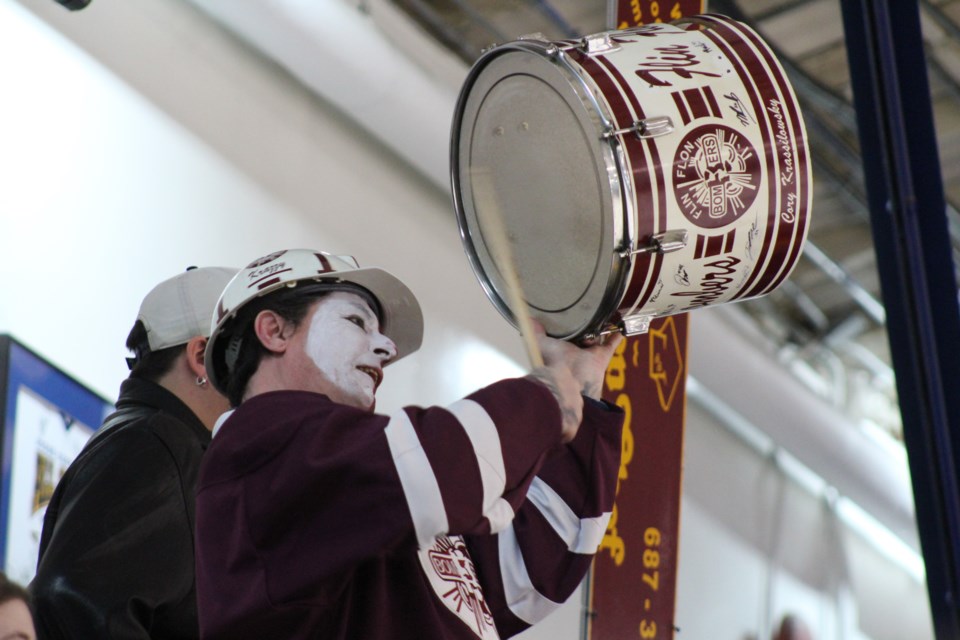 One of the Whitney Forum’s most known figures, Krazy
Krazz and his drum have showed up at the rink during
the team’s playoff games, banging his drum in support
of the team.