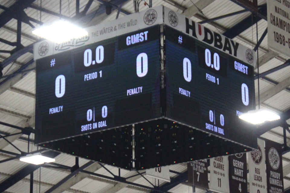 The new scoreboard at the Whitney Forum, freshly installed as of late last month. The new board is larger than the old one and is made of LED panels, which can show graphics and replays.