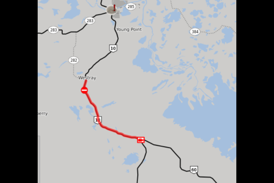 The area of Highway 10 south of The Pas marked in red is currently closed due to a forest fire crossing the road. - 