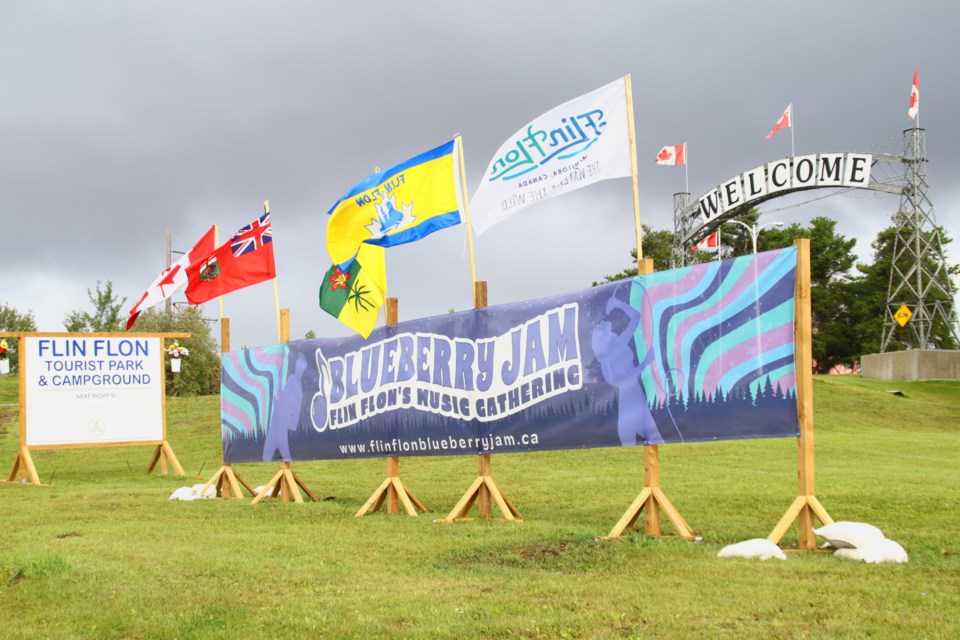 Signage is up at the Flinty's Campground and Flin Flon Tourism Bureau for this weekend's Blueberry Jam Music Gathering.