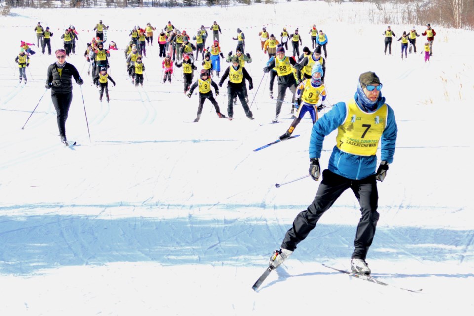 Brett Unrau leads the way after the mass start during the Val and Ivor Hedman Centaloppet March 5 at the Flin Flon Ski Club.