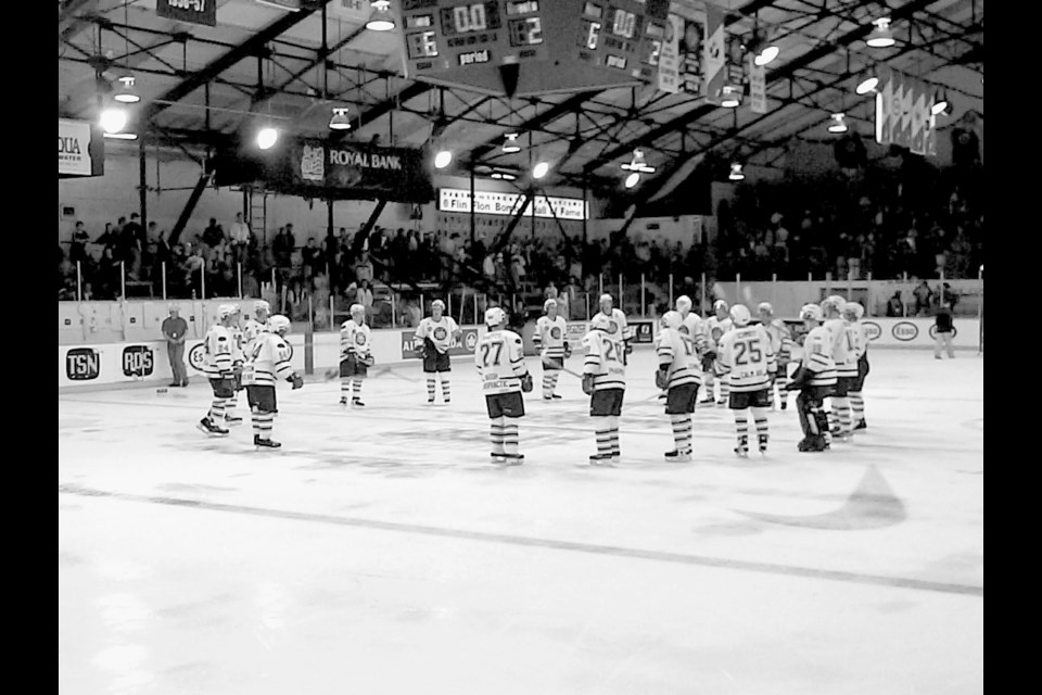 Bomber players salute the Whitney Forum faithful during the 2001 Royal Bank Cup, played at the Whitney Forum.