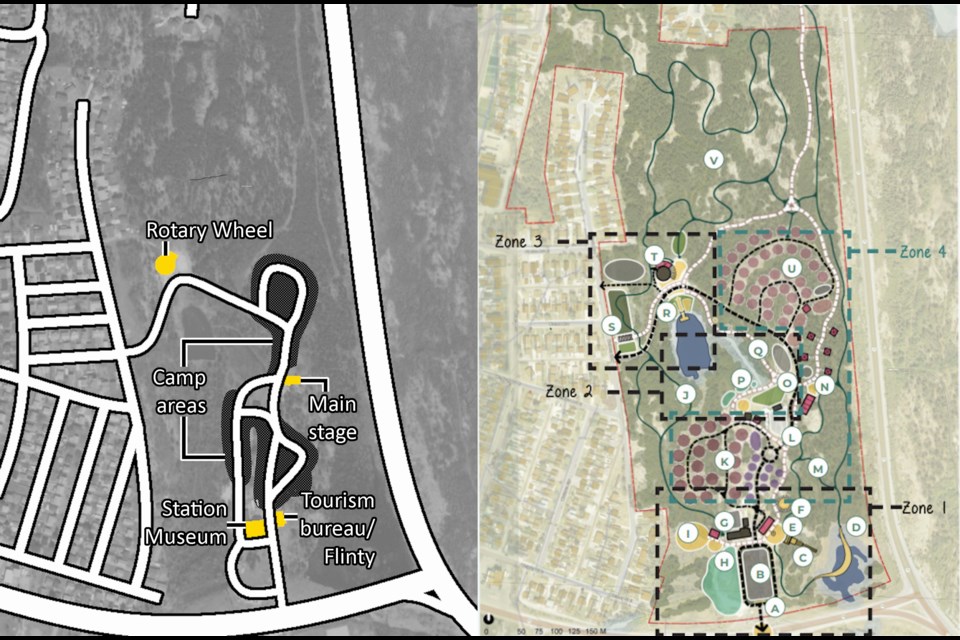 These maps show the current Flinty’s Campground area (left) and the campground as envisioned in the City’s
recently released master plan for the site (right). An explainer for the different nodes can be seen in image two.