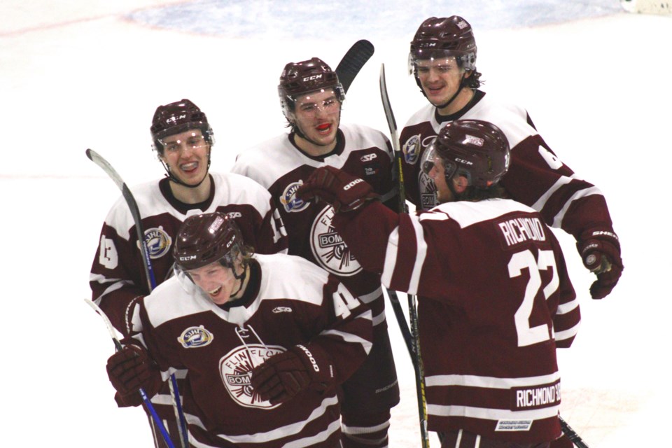 Cole Duperreault, Jacob Vockler, Jeremi Tremblay, Lucas Fry and Reece Richmond celebrate
a goal together. The three players on the left have each missed significant time down the stretch due to injuries, but the Bombers dug deep to win six of their last nine games. All five players played Estevan in last year's SJHL final.