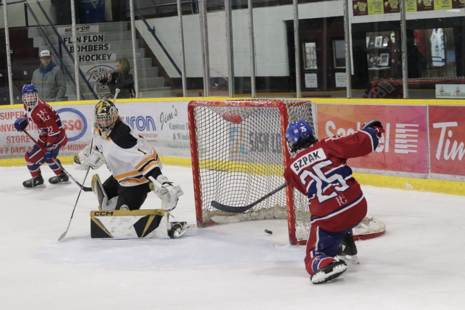 St. Paul Canadiens forward Quinn Szpak scores a one-time on Current River Storm goalie Parker Ball during their Day 2 matchup at the Central Canada Cup.